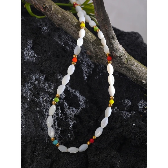 Seashell Symphony -  Shell Stone and Crystal Mix Stainless Steel Necklace - Picture 1 of 6